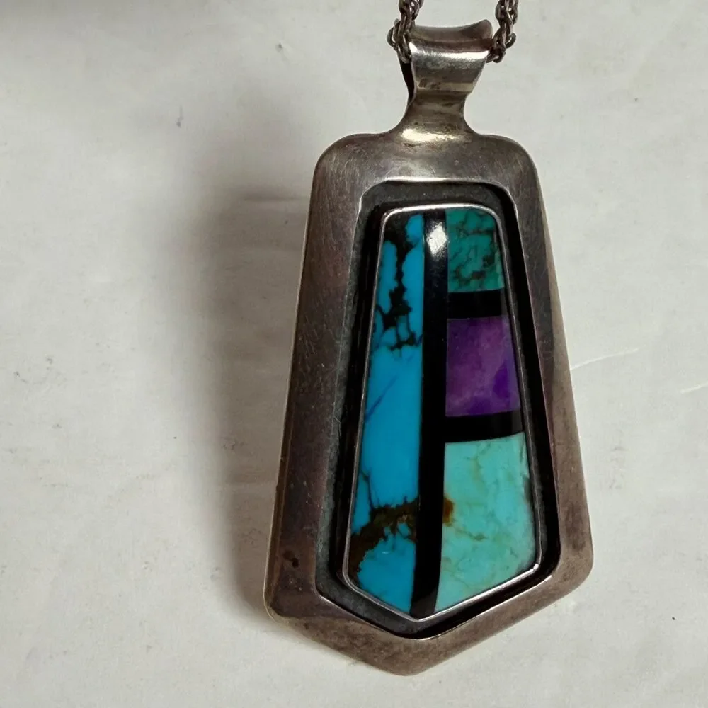 Sterling Silver Southwest Inlay Pendant Necklace Turquoise Sugilite 24